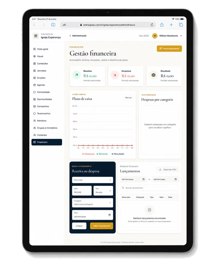 Painel financeiro do Online Igreja em um tablet